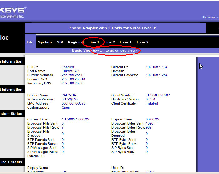 Click 'line1' link and click 'Wwitch to advanced View' link
