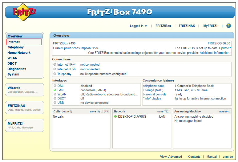 Fritz!Box 7490 dashboard with the Internet menu selected
