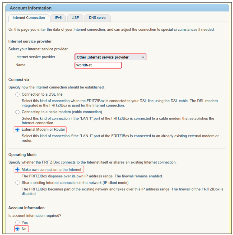 Fritz!Box Internet service provider settings for WorldNet