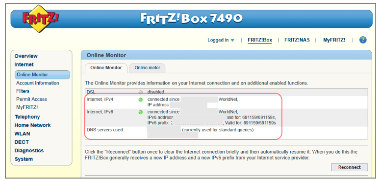 Fritz!Box Online Monitor showing an active WorldNet Internet connection