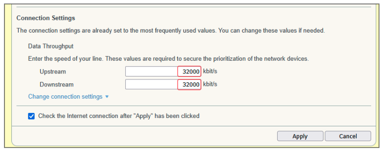 Fritz!Box upstream and downstream connection speed settings