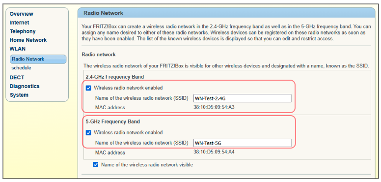 Fritz!Box 2.4 GHz and 5 GHz Wi-Fi network name settings