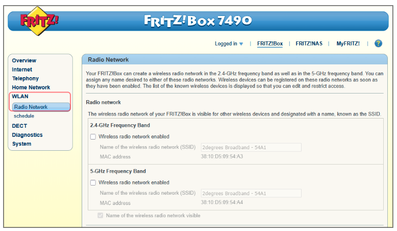 Fritz!Box WLAN menu with Radio Network selected