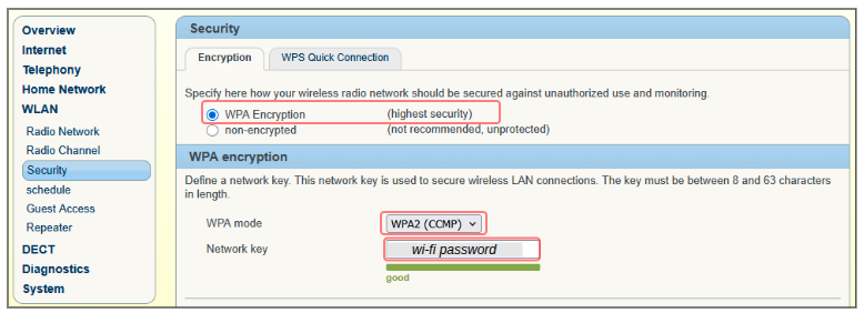 Fritz!Box WLAN security and Wi-Fi network key settings
