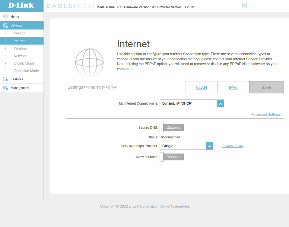 D-Link Dynamic IP DHCP internet setting