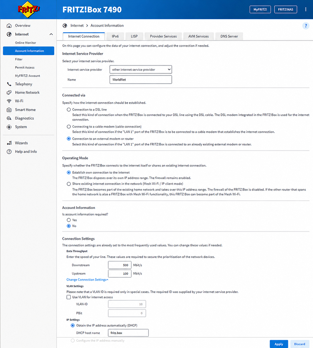 Original WorldNet FRITZ!OS reference showing DHCP, VLAN disabled and connection speed fields (7490 interface)