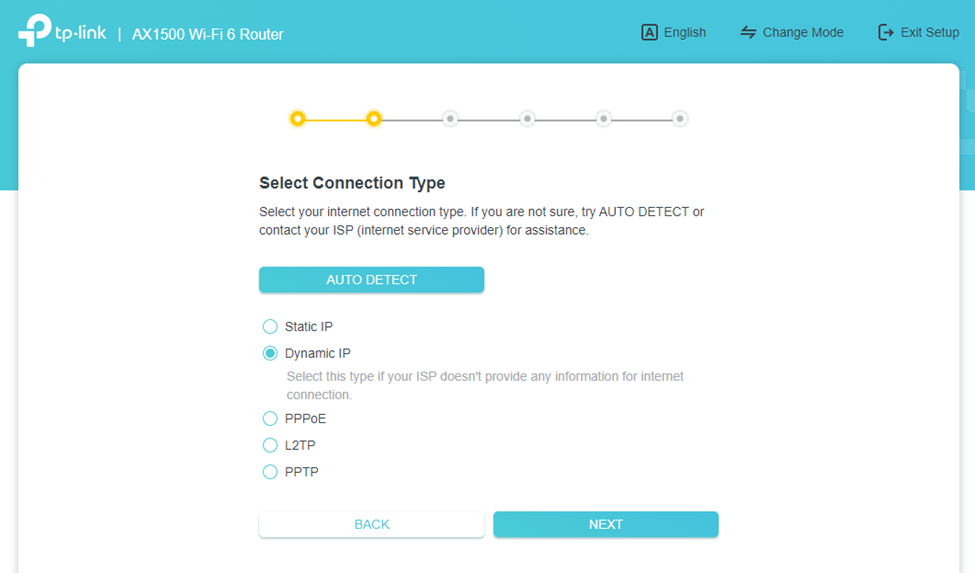 Internet Connection Type set to Dynamic IP in the Archer AX1500 setup