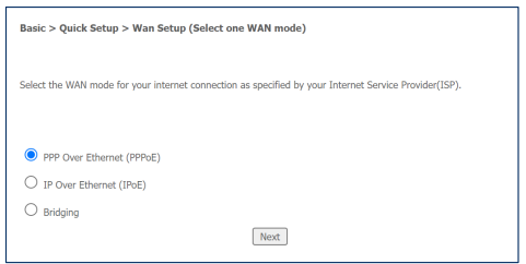 NetComm CF60 WAN setup options: select IP Over Ethernet (IPoE)