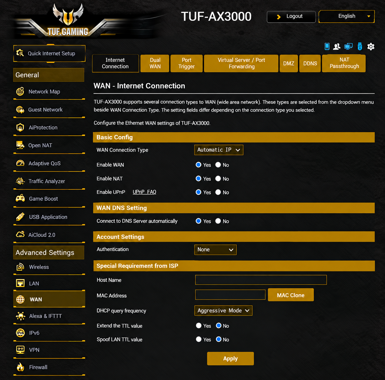 TUF WAN Internet Connection interface with Automatic IP, WAN and NAT enabled, and Apply button