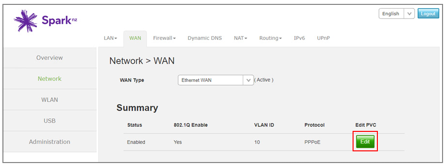 Spark Smart Modem 3 Ethernet WAN Edit button