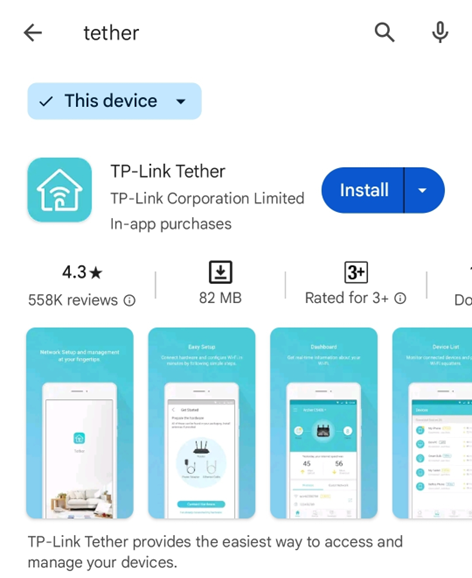TP-Link Tether app installation screen