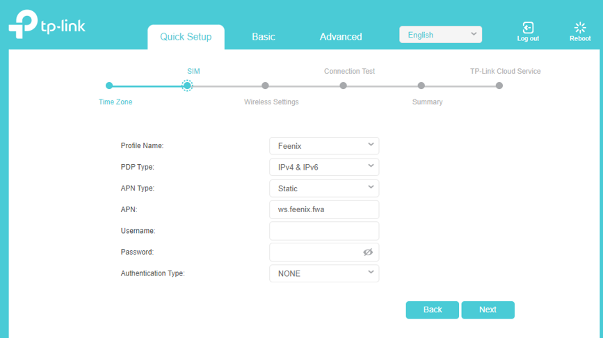 MR6400 Feenix SIM profile settings