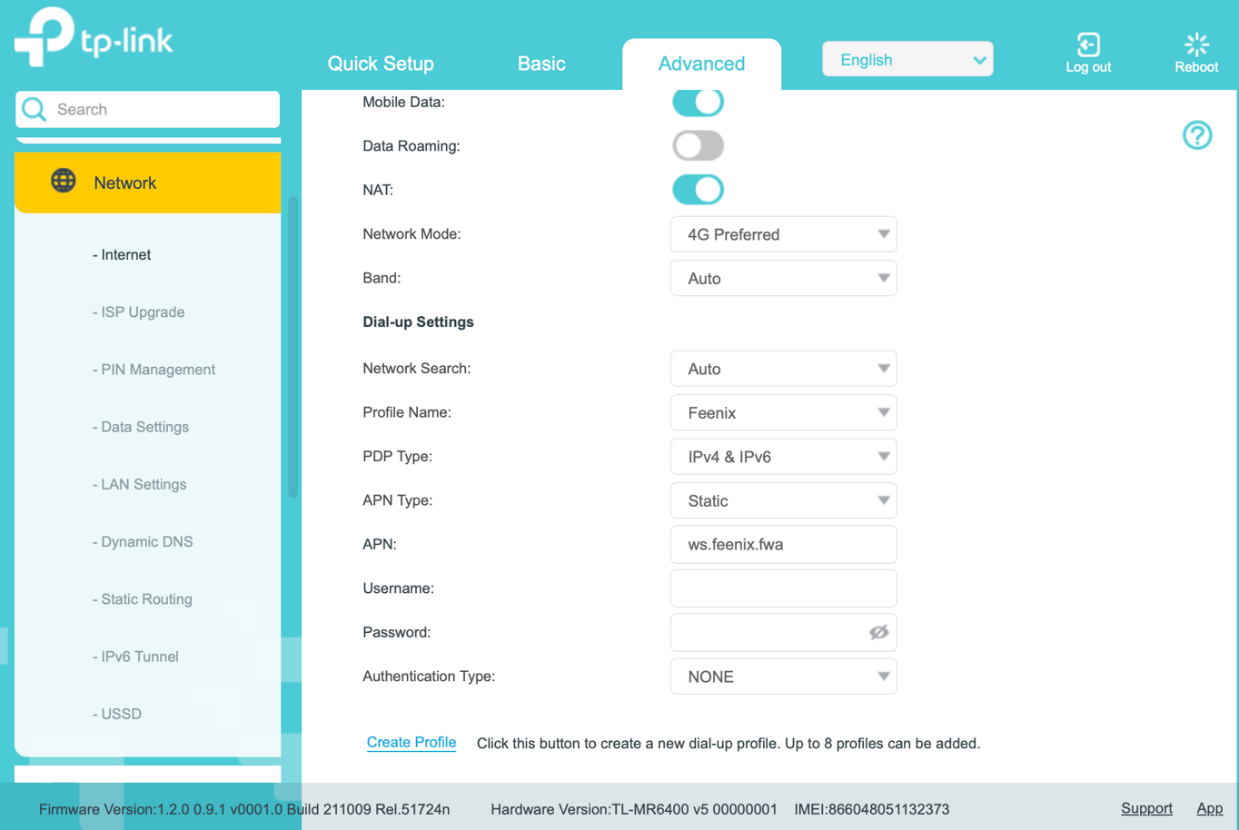 MR6400 Advanced Network Internet profile settings