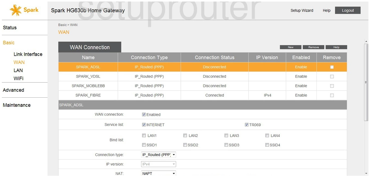 HG630b WAN settings reference showing connection and service fields