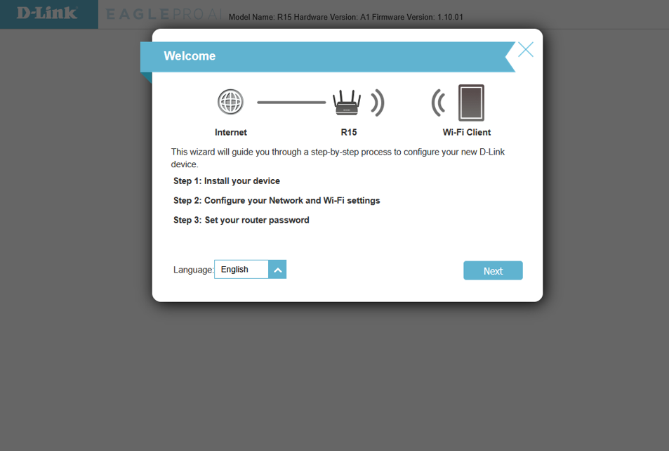 D-Link setup wizard welcome