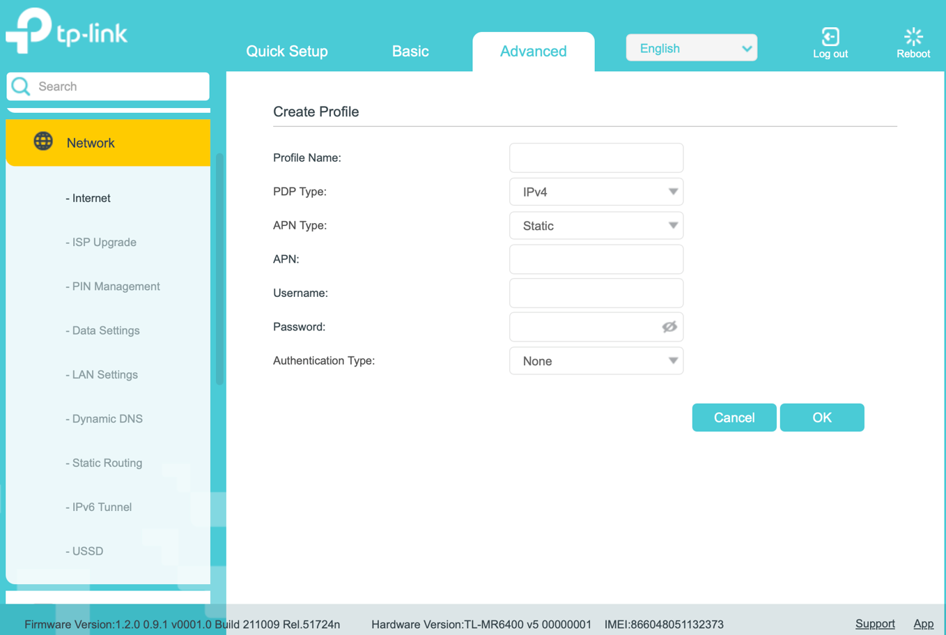 MR6400 Create Profile form