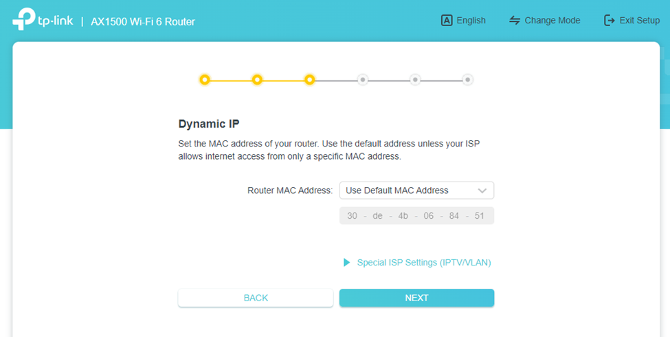 Optional MAC address setting in the Archer AX1500 setup