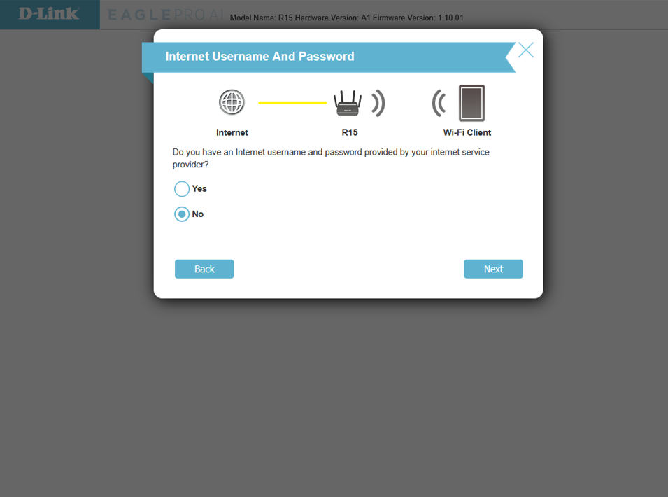 Select No for broadband username and password