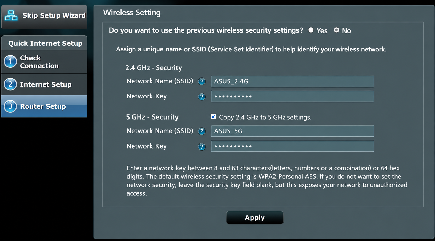 ASUS wireless names and security setup
