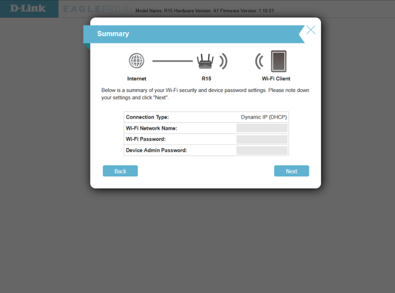 D-Link wizard settings summary