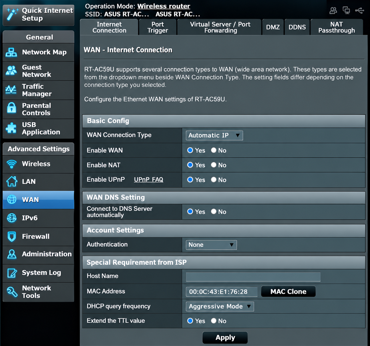 ASUS WAN Automatic IP settings