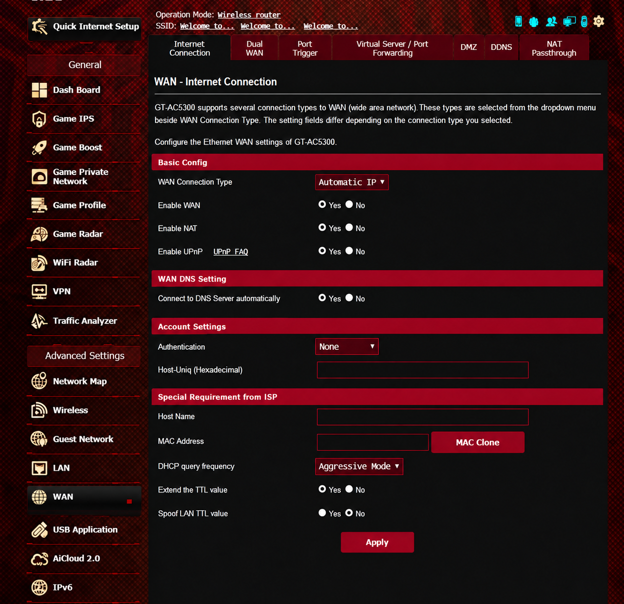 ROG WAN interface showing Automatic IP and Enable WAN and NAT set to Yes