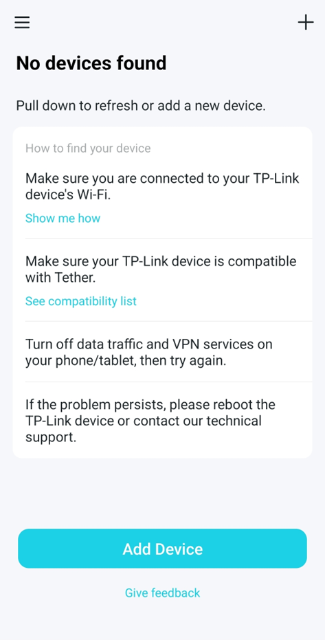 Add Device option in the TP-Link Tether app