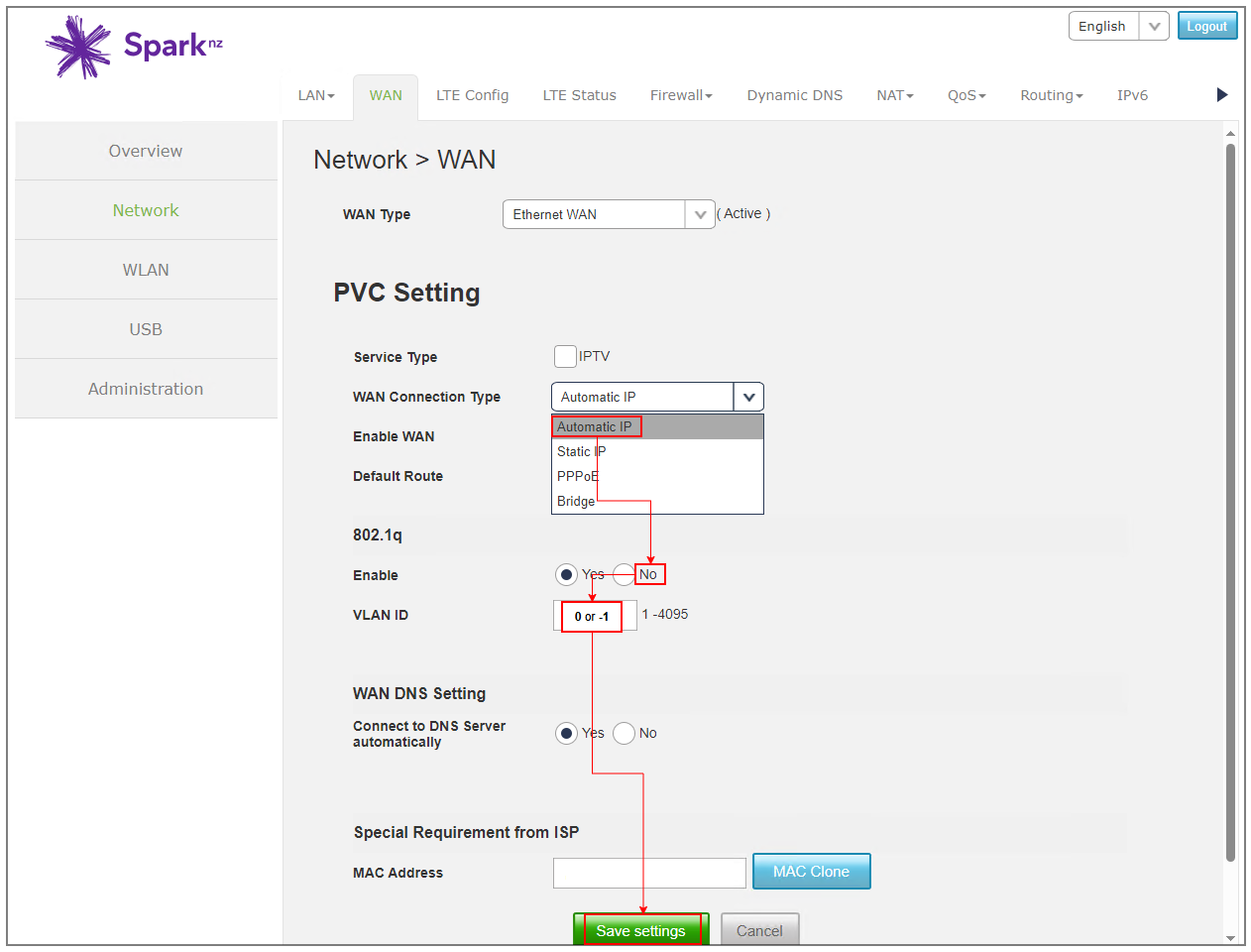 Spark Smart Modem 3 Automatic IP and VLAN settings