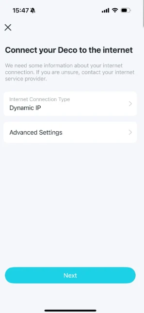 Deco Internet Connection Type set to Dynamic IP