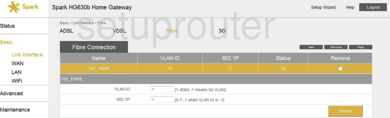 HG630b Fibre link interface with VLAN ID and 802.1P set to minus one