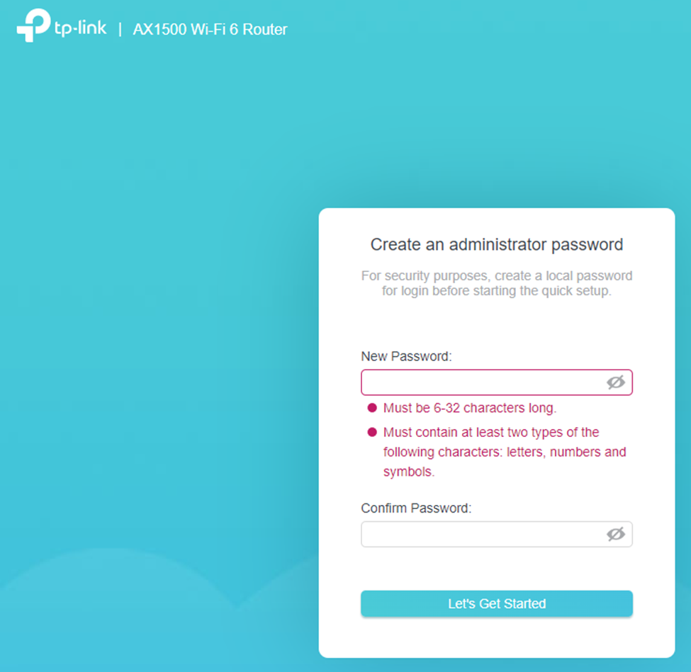 Archer AX1500 screen for creating the router administration password
