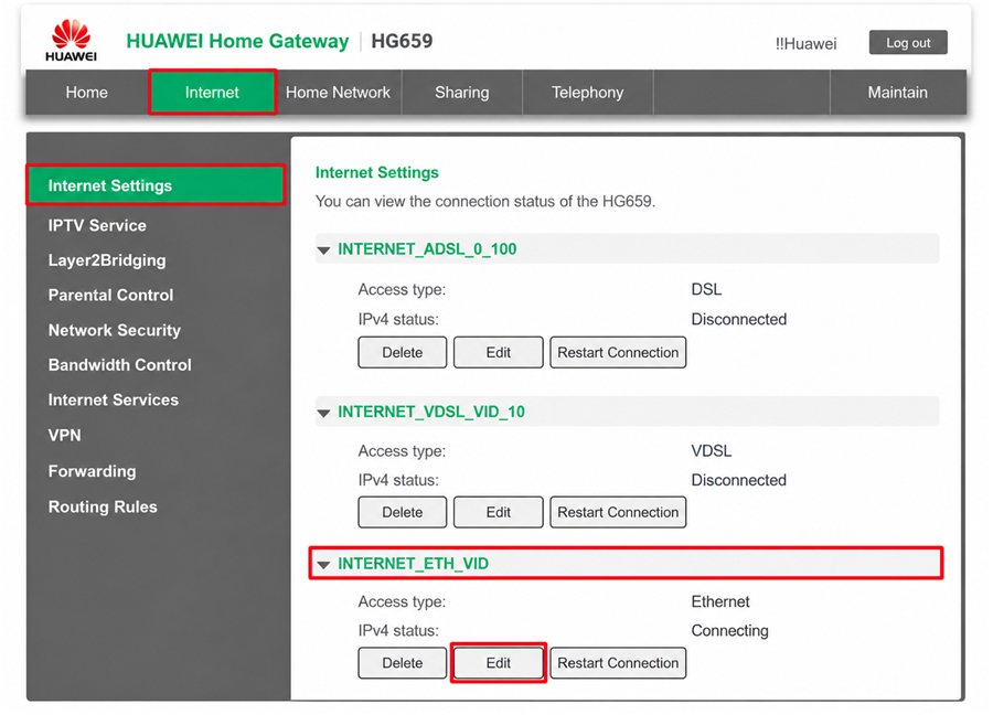 Huawei HG659: select Internet, Internet Settings, the Ethernet ETH_VID profile and Edit.