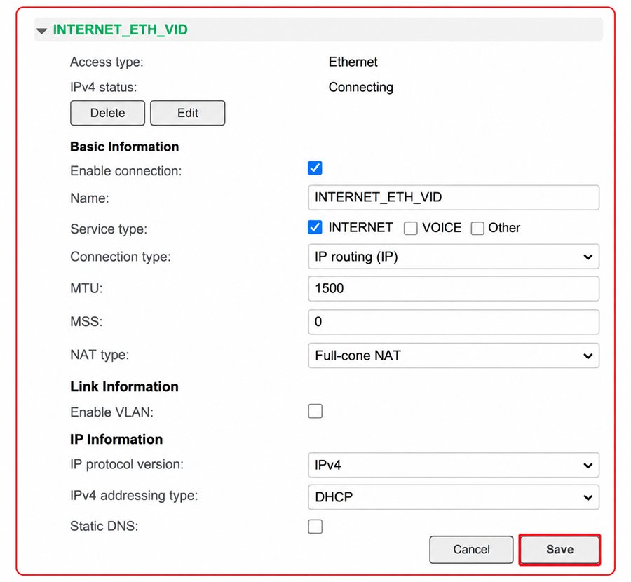 Huawei HG659: IP routing, DHCP and Enable VLAN unchecked, then Save.